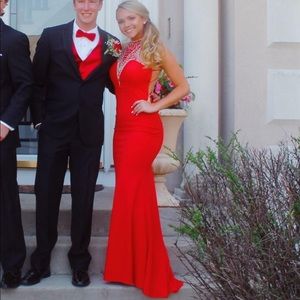 Red bedazzled prom dress